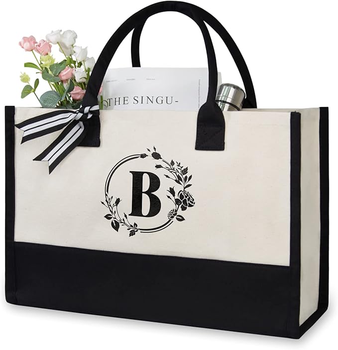 TOPDesign Personalized Initial Canvas Beach Bag, Monogrammed Gift Tote Bag for Women