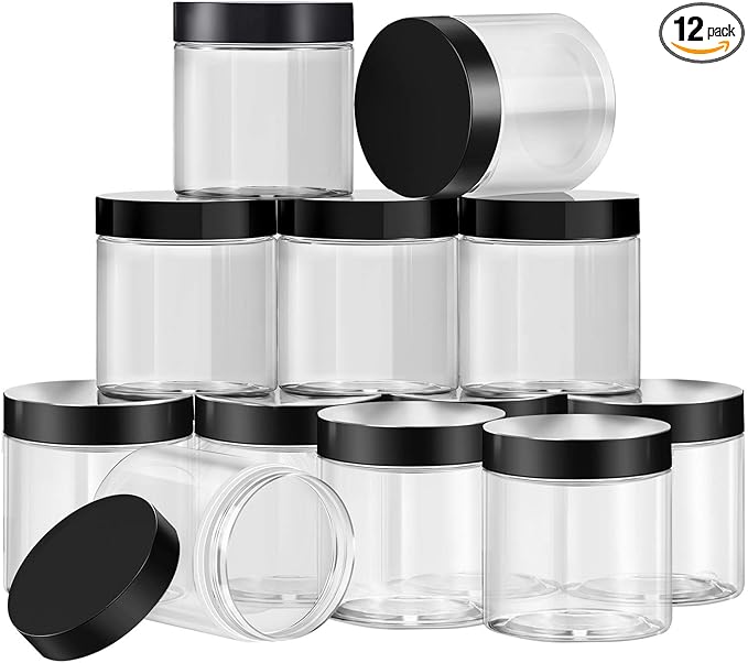 SATINIOR 12 Pack 10 oz Plastic Container Jars with Lids Round Clear Travel Cosmetic Container Slime Jars for Toiletries, Lotion, Cream, Ointments, Makeup, Rhinestone, Samples, Kitchen Storage(Black)