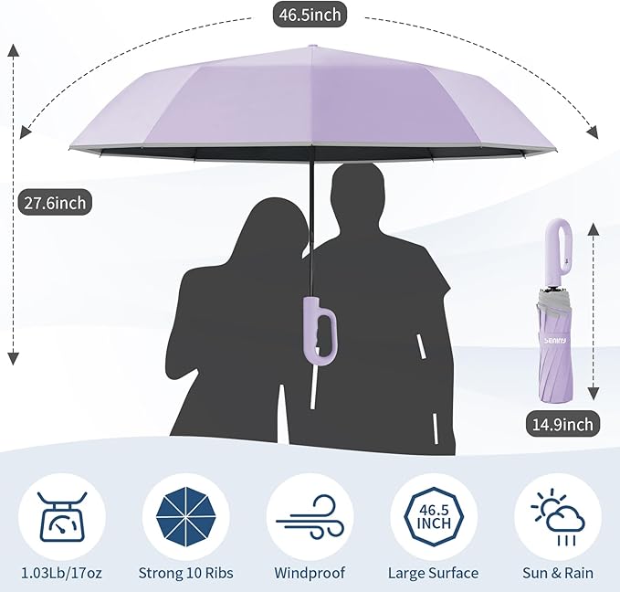 Seniny Travel Umbrella with Carabiner Handle, Windproof Large Umbrellas for Rain with Dual-Rib Structure, Portable Compact Umbrella with Reflective Strip, Car Backpack UV Umbrellas for Sun Protection