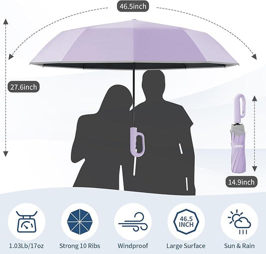 Seniny Travel Umbrella with Carabiner Handle, Windproof Large Umbrellas for Rain with Dual-Rib Structure, Portable Compact Umbrella with Reflective Strip, Car Backpack UV Umbrellas for Sun Protection