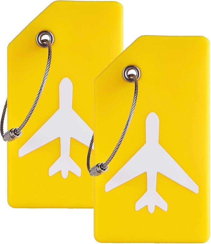Gostwo 2 Pack Silicone Luggage Tags for Suitcases, 26 Initial Letter Baggage Labels Handbag School Bag Suitcase Instrument Tag with Stainless Steel Loop(Yellow)(Airplane)