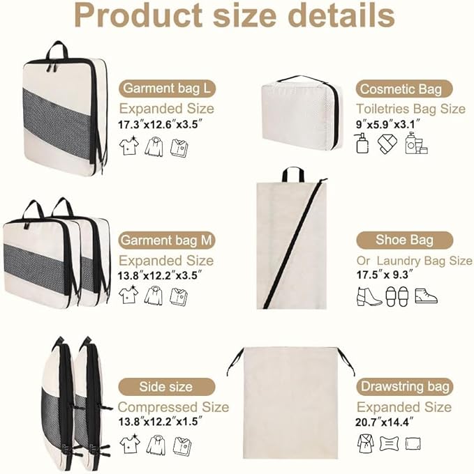 6 Set Compression Packing Cubes - Travel Essentials Compressible Expandable Packing Cubes for Suitcase, Lightweight Luggage Organizer Bags, Space Saver Bags for Travel (6)