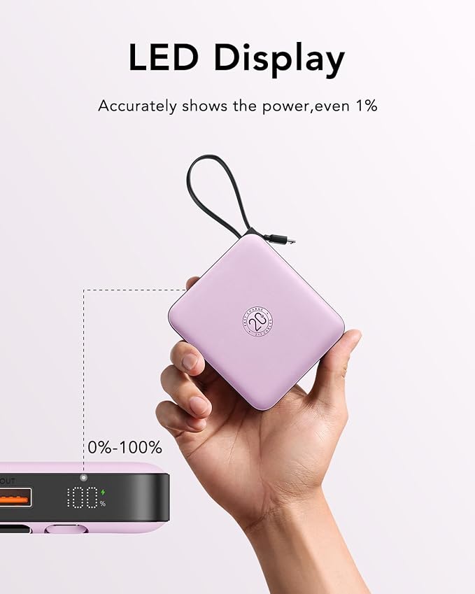 VRURC Portable Charger with Built-in Cable, 10000mAh Power Bank, 22.5W/PD20W Fast Charging USB C Battery Pack for iPhone 16 15 14 Samsung Galaxy S25 S24 S23 S22 Android Airpods, Purple(1 Pack)