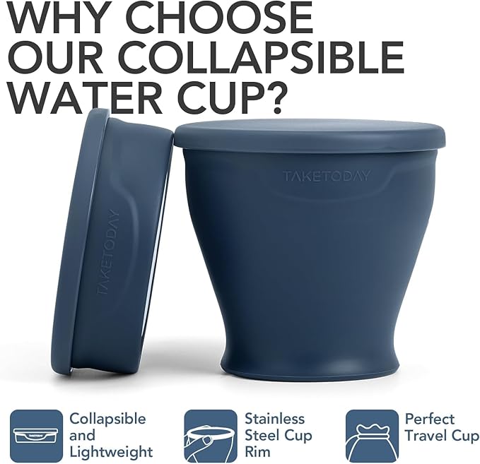 TakeToday 4PCS Collapsible Travel Cup - Silicone Foldable Water Cup, BPA-Free with Lid & Waterproof Bag - Drinking Cup Set for Camping, Outdoors & International Travel