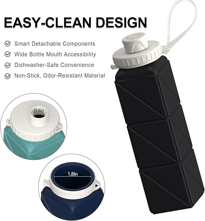 Collapsible Water Bottles 20.6oz, Silicone Foldable Portable Travel Water Bottle, BPA-Free, Leakproof Reusable for Traveling Camping Hiking Cycling Yoga Sports Outdoor, 1 Pack (Black)