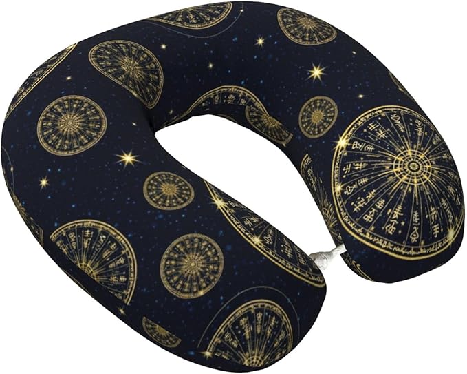 Travel Pillow Chin Neck Support, Comfortable Airplane Car Pillows for Rest, Memory Foam U Shaped Office Home Nap Sleeping Cushion Norse Gold Viking Vegvisir Runic Compass