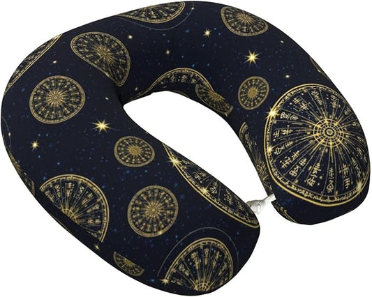 Travel Pillow Chin Neck Support, Comfortable Airplane Car Pillows for Rest, Memory Foam U Shaped Office Home Nap Sleeping Cushion Norse Gold Viking Vegvisir Runic Compass