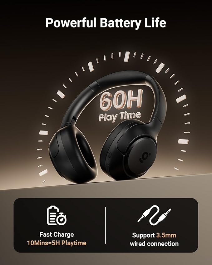 Hybrid Active Noise Cancelling Headphones, Wireless ANC Bluetooth 5.4 Over Ear Headphones, Clear Calls, Deep Bass, 60H Playtime, Comfort Fit, Foldable Headset for Gym Travel Office Home Black