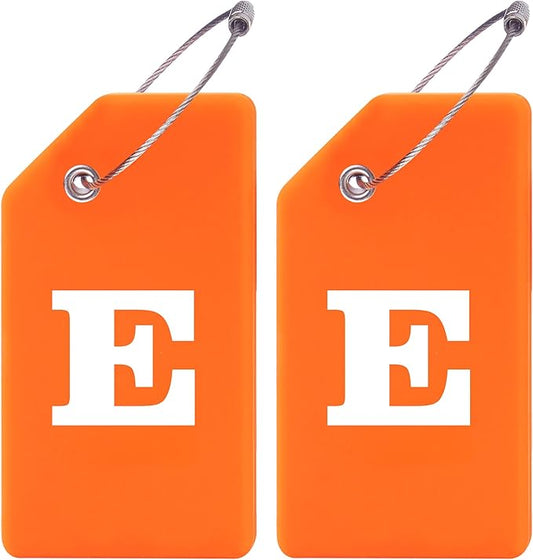 Gostwo 2 Pack Silicone Luggage Tags for Suitcases, 26 Initial Letter Baggage Labels Handbag School Bag Suitcase Instrument Tag with Stainless Steel Loop(Orange)(Letter E)