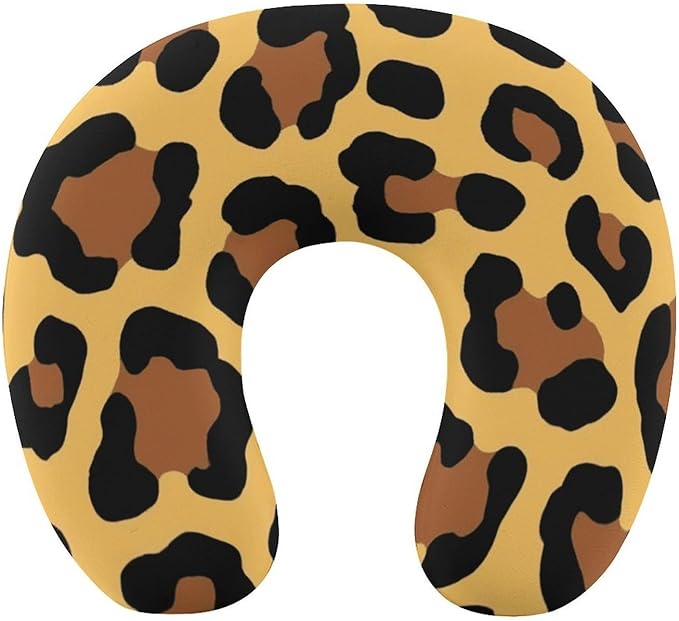 Compact Polyester Neck Support Pillow, Cheetah Leopard Print Floral Dark Yellow U-Shaped, U-Shape Rest Cushion for Car Office Travel, Machine Washable Comfort