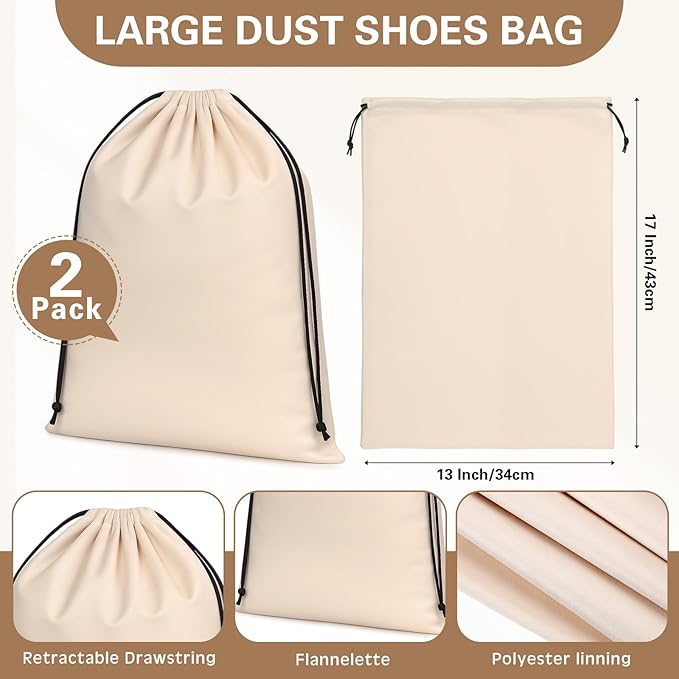 Amylove 2 Pcs Silky Velvet Shoe Bags for Travel Cloth Dust Pouch with Drawstring Closure Beige Shoe Pouch Storage Packing Organizers