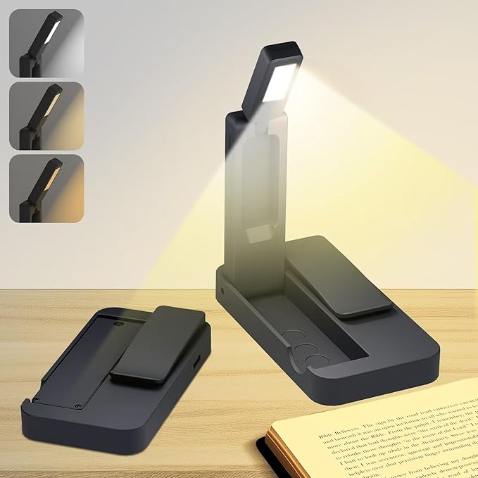 Rechargeable Book Light for Reading in Bed,Foldable & Portable Clip-On Mini Reading Light for Studying,3 Color Amber Eye Care & Stepless Dimming,80H LED Small Cordless Desk Lamp for Office,Home,Nail