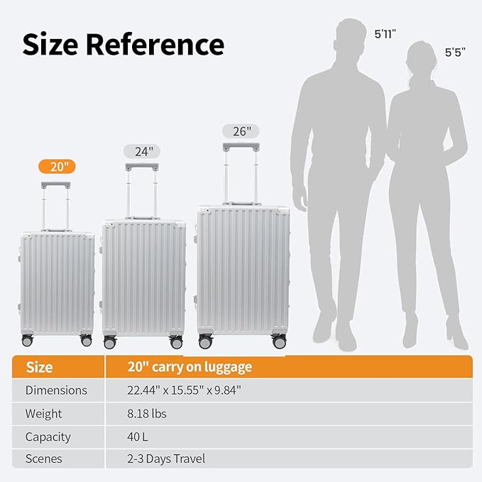 Carry On Luggage 22x14x9 Airline Approved, Zipperless Luggage Carry On, Hard Shell Suitcases with TSA Lock, Lightweight Carry On Suitcases with Aluminum Frame (silver, 20inch)