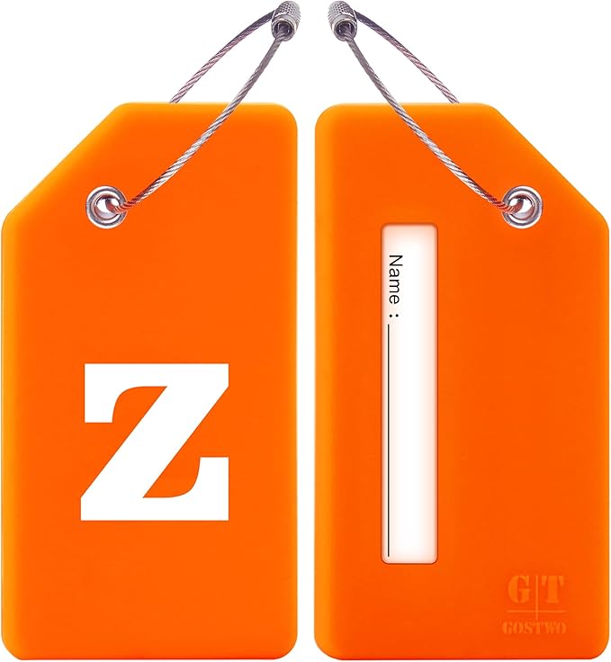 Gostwo 2 Pack Silicone Luggage Tags for Suitcases, 26 Initial Letter Baggage Labels Handbag School Bag Suitcase Instrument Tag with Stainless Steel Loop(Orange)(Letter Z)