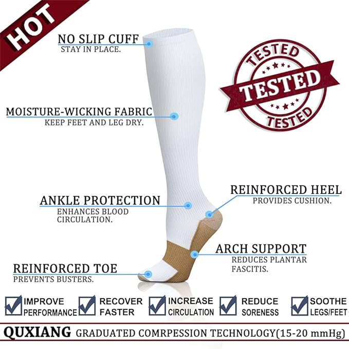 QUXIANG Copper Compression Socks for Women & Men Circulation (8 Pairs) - Best for Running Athletic Cycling - 15-20 mmHg