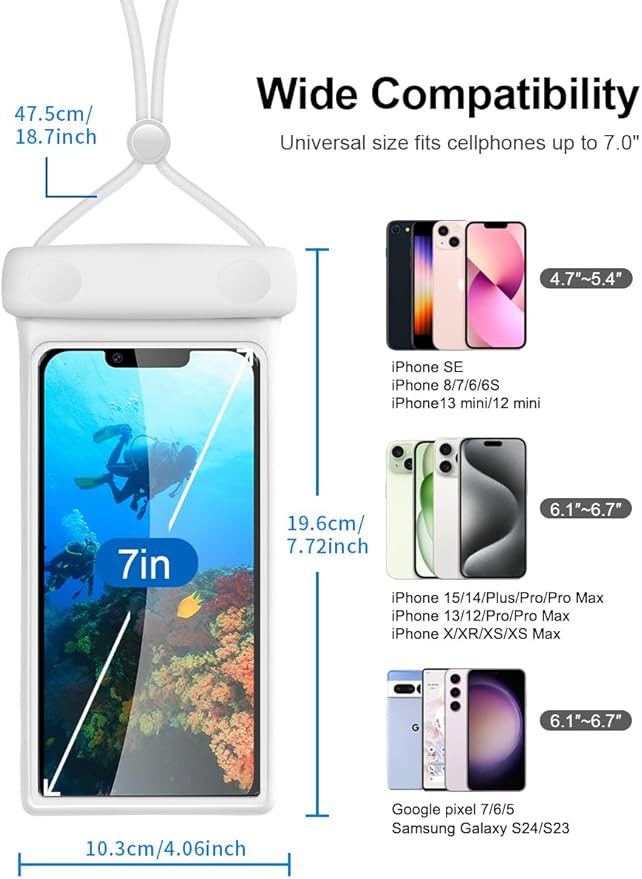 wellhouse Waterproof Phone Pouch, Waterproof Phone Case for iPhone 16 15 14 13 12 Pro Max XS Samsung, IPX8 3D Cellphone Dry Bag Beach Essentials (2 Pack - Duke Black & White7.0, 7 inch)