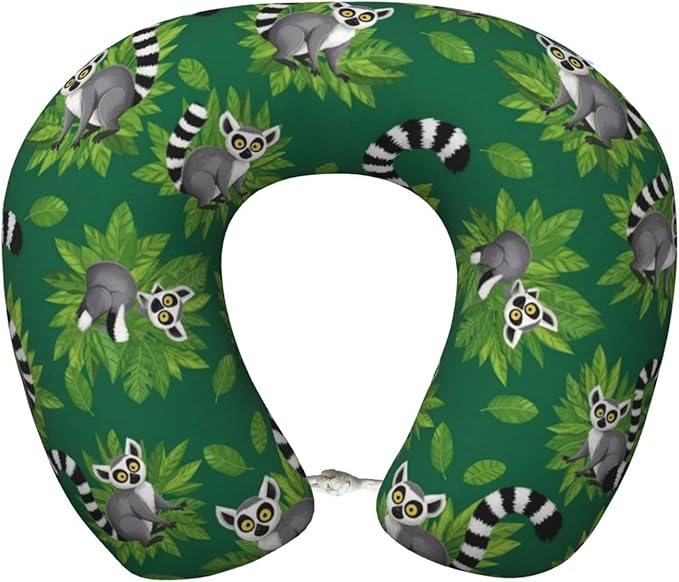 Neck Support Pillow, Comfortable Memory Foam Car/Flight/Airplane Chin Pillows U Shaped Cushion for Office Travel Sleeping Lemurs Monkey Tropical Green Leaves Floral
