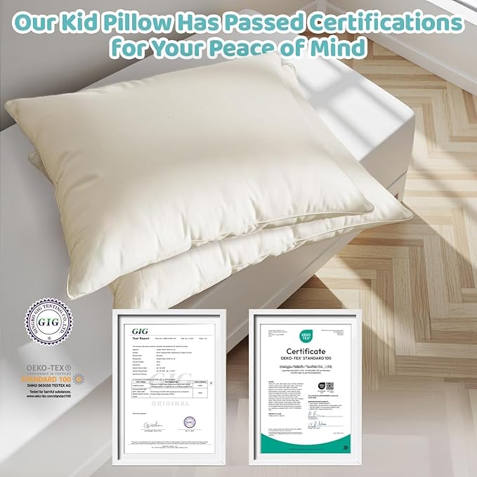 LOFE Organic Kids Pillow with Pillowcase - 16x22 Toddler Pillow with 100% Organic Cotton Shell, 2 Pack Adjustable Loft Youth Pillow, Machine Washable Organic plilow, Soft, Perfect for Kids&Youth