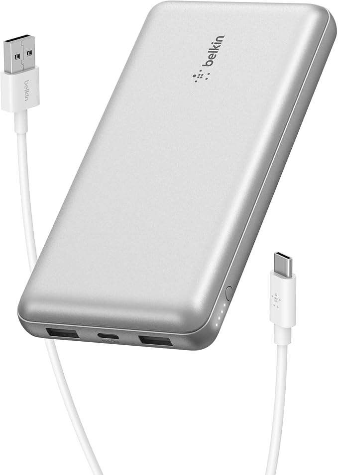 Belkin Portable Charger, USB-C Power Bank 20000 mAh w/ 1xUSB-C Port & 2xUSB-A Ports, 15W w/Type-C to Type-A Cable for iPhone 17, Samsung Galaxy S25, Nintendo Switch 2, Google Pixel 10, etc. - Silver