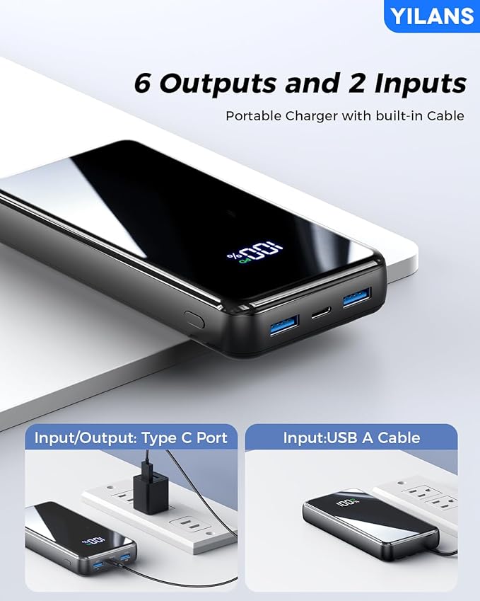 Portable Charger,50000mAh Power Bank Built-in Cable, 22.5W PD USB C In & Out Fast Charging, External Battery Pack with 6 Output & 2 Input, Travel Phone Charger for iPhone 17/16/15/14/13/12, Android