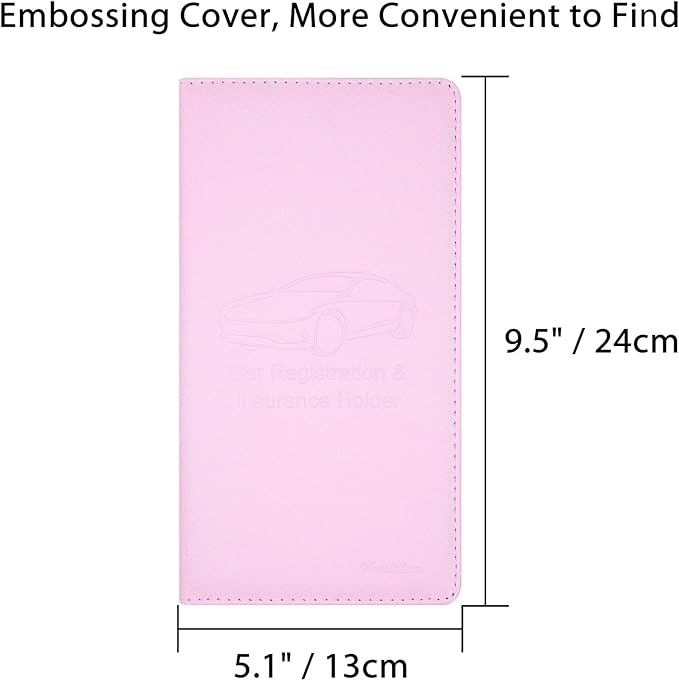 Car Insurance and Registration Holder, 9.5 x 5 Inch PU Leather Vehicle Glove Box Organizer Wallet Case for Insurance Card, Driver License, Paperwork - Pink