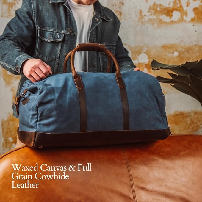 Waxed Canvas Weekender Duffle Bag, Vintage Style Travel Bag with Leather Trim, Army Green (Blue)