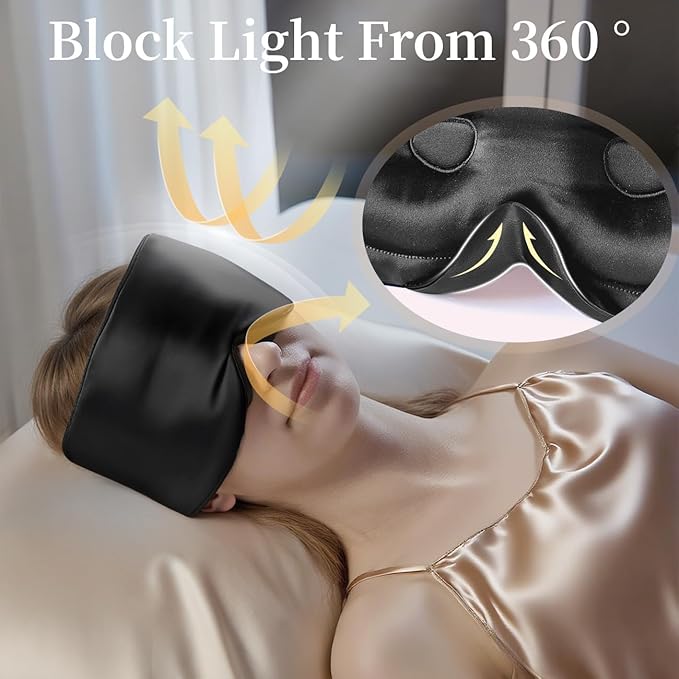 USlixury Silk Sleep Mask, 3D Contoured Sleeping Masks, Blackout Sleep Masks for Women with Nose Wing,100% Mulberry Silk, Face-Hugging Non-Slip SLEP Mask for Side Sleeper, 27.5x4.5'', Dark