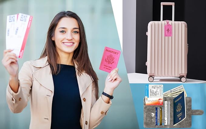 Passport Holder With Luggage Tag Cover Wallet RFID Blocking Leather Case Travel Essentials Accessories Travel Must Have(114#Grey)