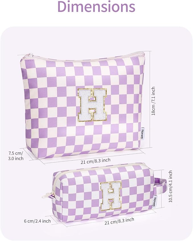 Narwey 2 Piece Personalized Initial Makeup Bag Checkered Cosmetic Bags, 6 8 10 11 12 13 14 16 18 Years Old Teen Girl Gifts Trendy Stuff Birthday Gifts for Women, Travel Toiletry Bag (Purple Letter H)