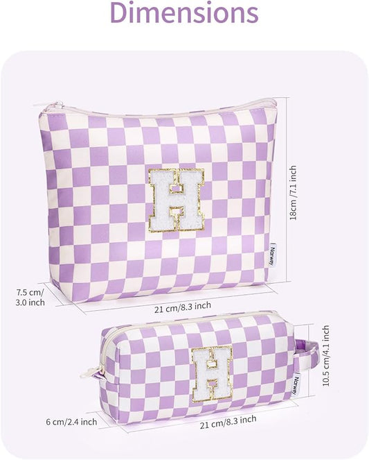 Narwey 2 Piece Personalized Initial Makeup Bag Checkered Cosmetic Bags, 6 8 10 11 12 13 14 16 18 Years Old Teen Girl Gifts Trendy Stuff Birthday Gifts for Women, Travel Toiletry Bag (Purple Letter H)