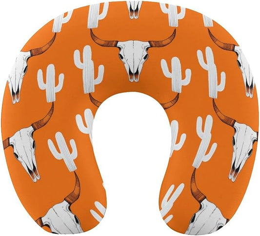 Luxurious Memory Foam U-Shape Pillow, Longhorn Cattle Cow Texas Skull Cactus U-Shaped, Neck & Head Support for Travel Airplane Office Sleep, Washable Cover Comfort