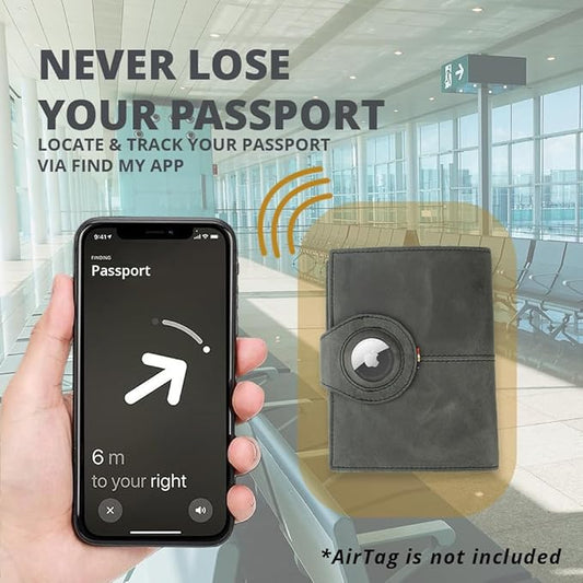 GARZINI Passport Holder with AirTag, Passport Wallet with RFID, Travel Accessories, Travel Document Holder with ID Window, Leather Passport Holder for 7 Cards, Brushed Black
