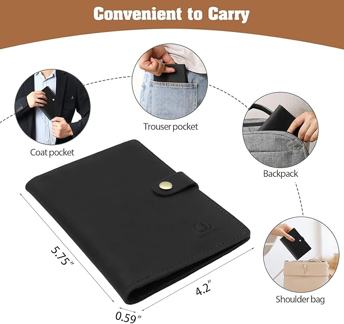 Jack&Chris Genuine Leather Passport Holder For Travel, RFID Blocking Handmade Passport Holder with Card Case Organized & Safe, Quality Travel Essentials for Women and Men for Gifting, Black