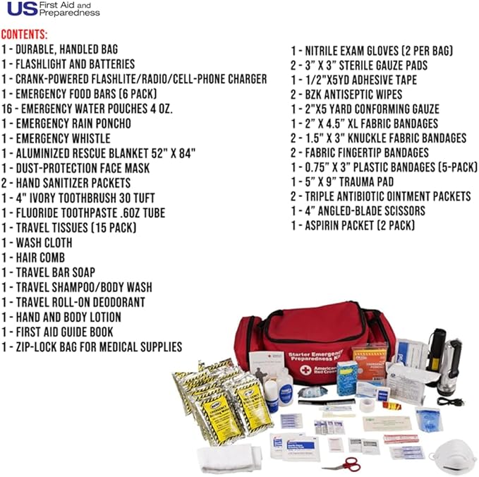 American Red Cross Officially Licensed Product, First Aid Concepts Basic Emergency Preparedness Starter Kit, 12 Hour Survival Supplies for 1 Person, Water, Phone Charger, Blanket, Food