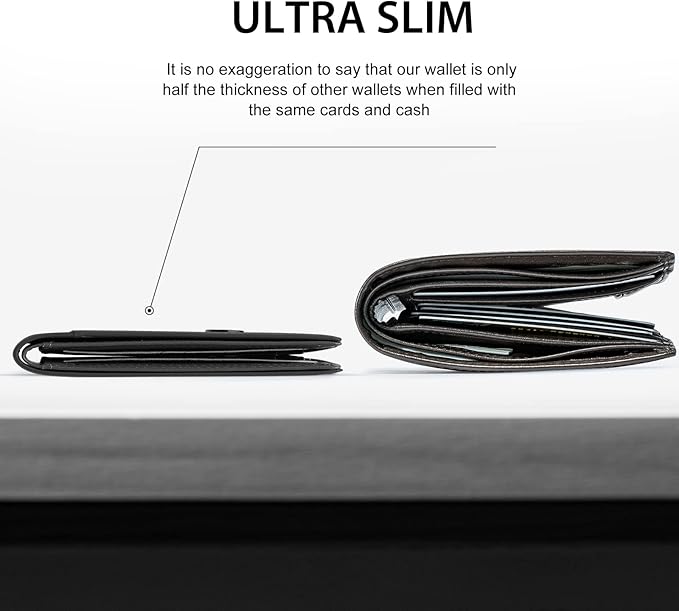 GSOIAX Mens Slim Wallet for Men Minimalist Genuine Leather Carbon Fiber Rfid Blocking Bifold Credit Card Holder With Gift Box (Black)