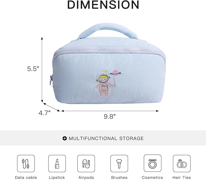 Cute Makeup Bag for Women - Travel Cosmetic Pouch with Large Capacity, Water-Resistant Nylon Make Up Organizer Blue