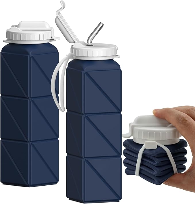 Collapsible Water Bottles with Straw 20.6oz, Silicone Foldable Portable Water Bottle, BPA-Free, Leakproof Reusable for Travel Camping Hiking Cycling Yoga Sports, 1 Pack (Dark Blue)