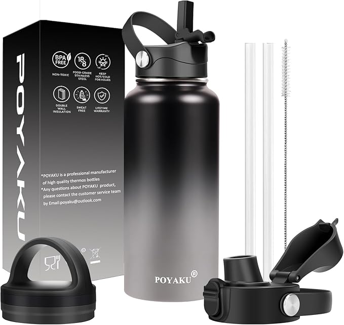 Water Bottle Insulated 32oz 40oz 64oz 128oz Straw Lid Spout Lid & 3 Lids, Leak Proof, Vacuum Insulated,Stainless Steel Water Bottle Wide Mouth for Sports, Gym or Office