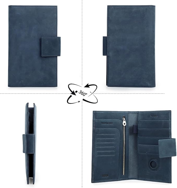 CONTACTS Full Grain Leather Family Passport Holder for 4 Airtag Passport Wallet RFID Blocking Travel Passport Cover with 4 Passport Slot, 6 Card Slot (Blue)