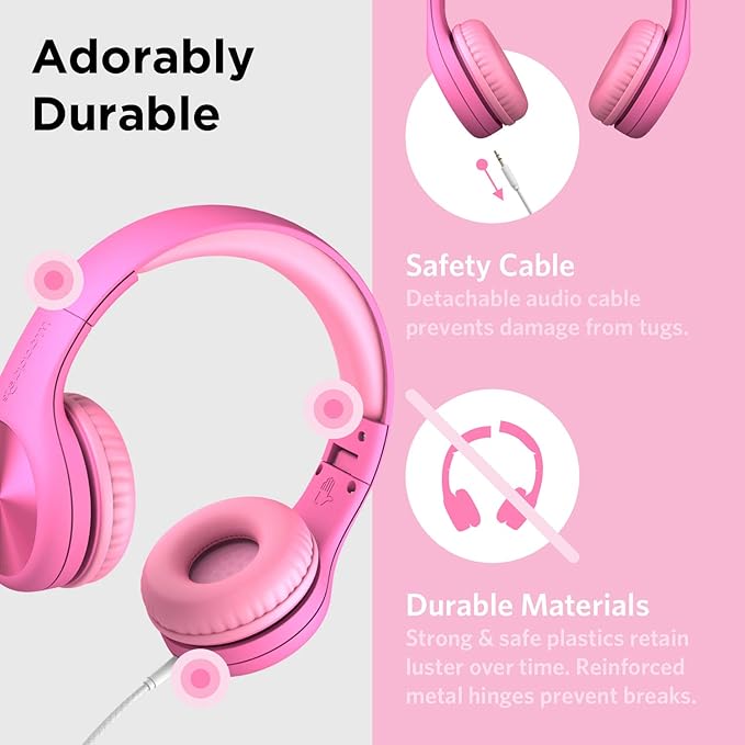 LilGadgets Connect+ Pro Wired Kids Headphones for School with Microphone, Volume Limiting Over-Ear Headset with Cord, SharePort Technology & SoftTouch Padding, Pink