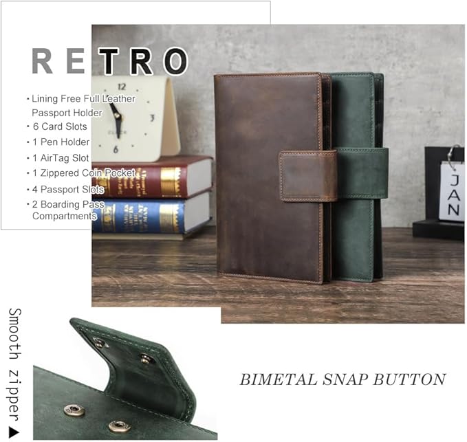 Unisex Genuine Leather Wallet Retro Crazy Horse Leather RFID Blocking Family Travel Passport Holder Slot (Coffee)
