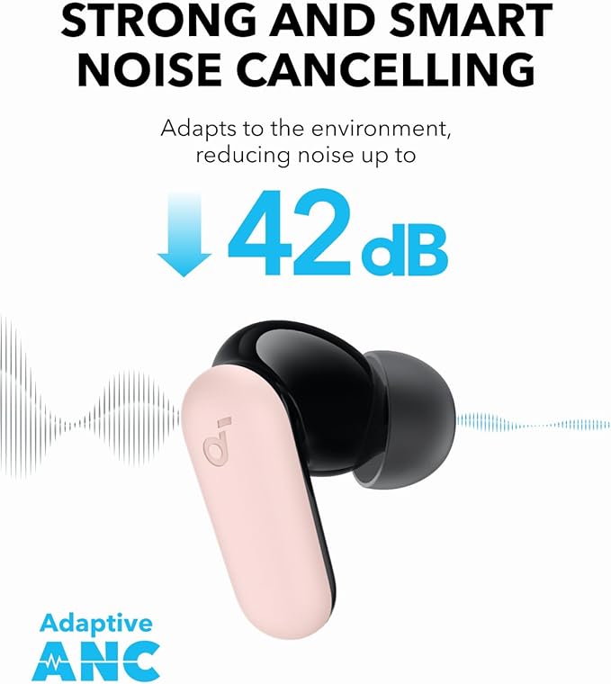 Soundcore P30i by Anker Noise Cancelling Earbuds, Strong and Smart Noise Cancelling, Powerful Bass, 45H Playtime, 2-in-1 Case and Phone Stand, IP54, Wireless Earbuds, Bluetooth 5.4 (Pink)
