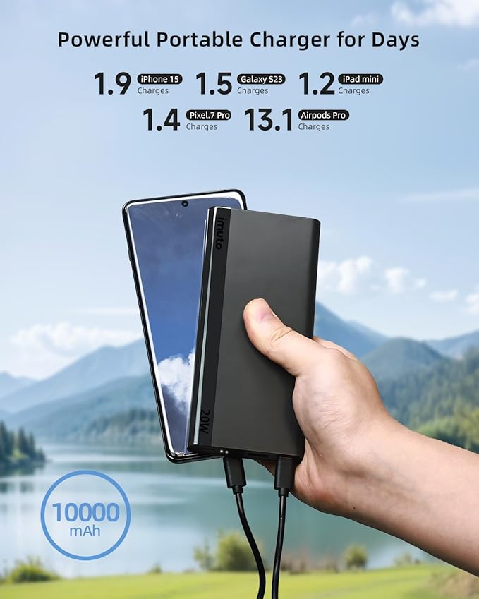 imuto Portable Charger, Slim 20W PD 10000mAh Power Bank, USB C in & Out Fast Charging Battery Pack, Travel Essential External Phone Charger for iPhone, iPad, Samsung, Google, LG