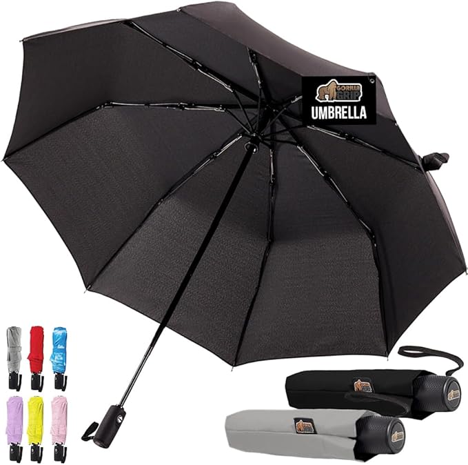 GORILLA GRIP Strong Windproof Stick Compact Umbrella for Rain, 2 PK, One-Click Automatic Open Close, Durable Quick Dry Waterproof Material, Lightweight, Portable, Travel Size Fits Backpack, Black Gray