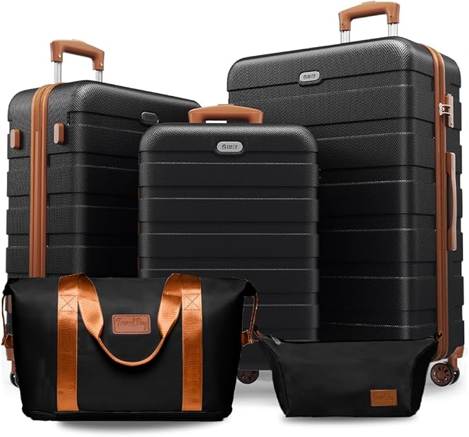 AnyZip Luggage Set 5 Piece PC ABS Hardshell Lightweight Suitcases for Travelling with 4 Universal Wheels TSA Lock Carry on Suitcase Black Brown