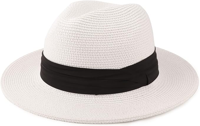 DRESHOW Women Straw Panama Hat Travel Fedora Beach Sun Hat Summer Wide Brim Straw Roll up Hat UPF 50+