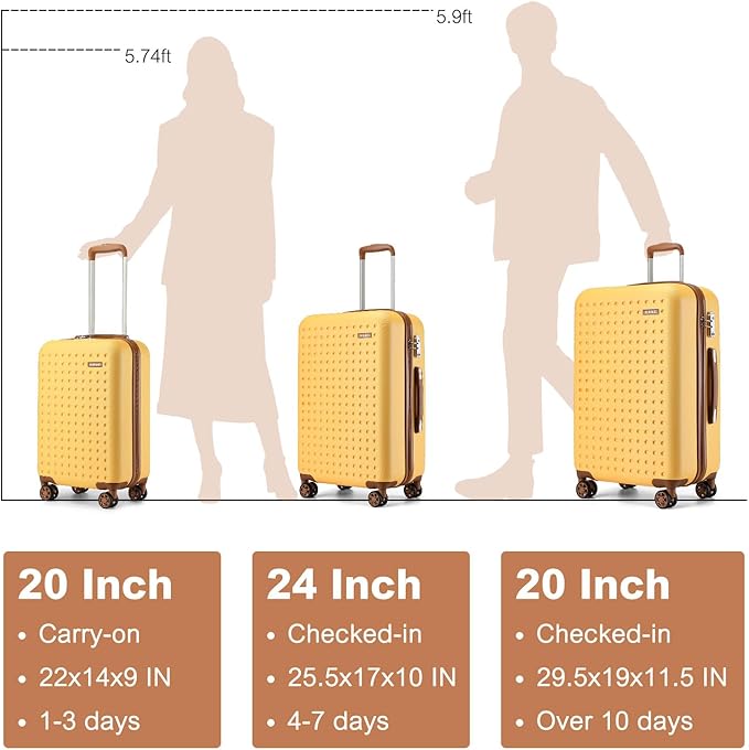 Kono 24 Inch Luggage Medium checked Lightweight Hardside Suitcase with Spinner Wheels & Built-in TSA Lock, Yellow
