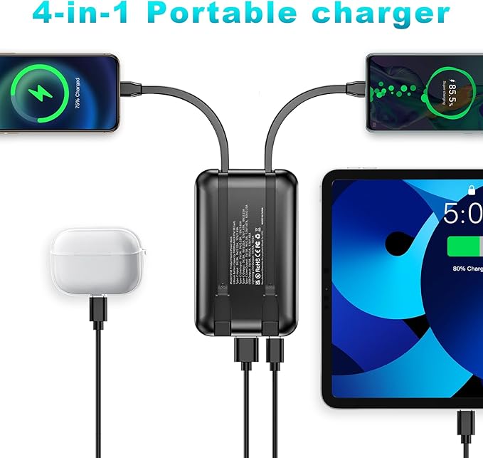 2 Pack 10000mAh 22.5W Fast Charging Power Bank-Slim Portable Charger with Built-in Cords, USB C in&Out, 2 Outputs 2 Inputs, LED Display for iPhone 17-12, Samsung, Android (White&Black)