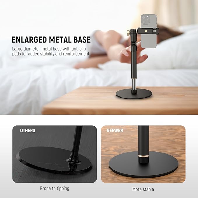 NEEWER Cell Phone Stand for Desk, Adjustable Office Table Phone Holder Mount Compatible with iPhone Samsung for Video Recording Filming, 360° Ball Head, Foldable Arm, Weighted Metal Base, MT010