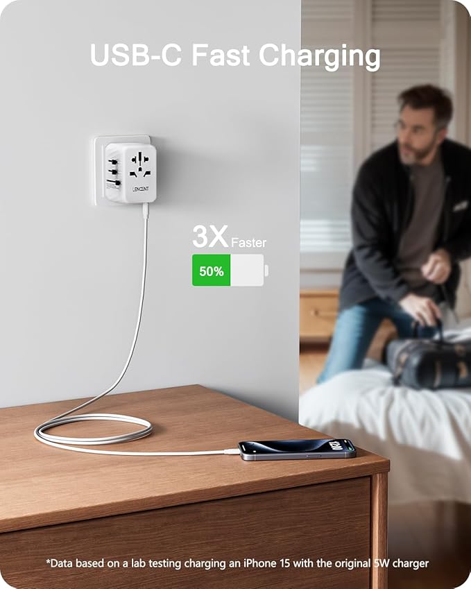 LENCENT Universal Travel Power Adapter, International AC Plug Adaptor with 3 USB A Ports 1 Type C PD Wall Charger Worldwide Travel Essentials for US to EU UK Ireland Australia (Type C/G/A/I) White